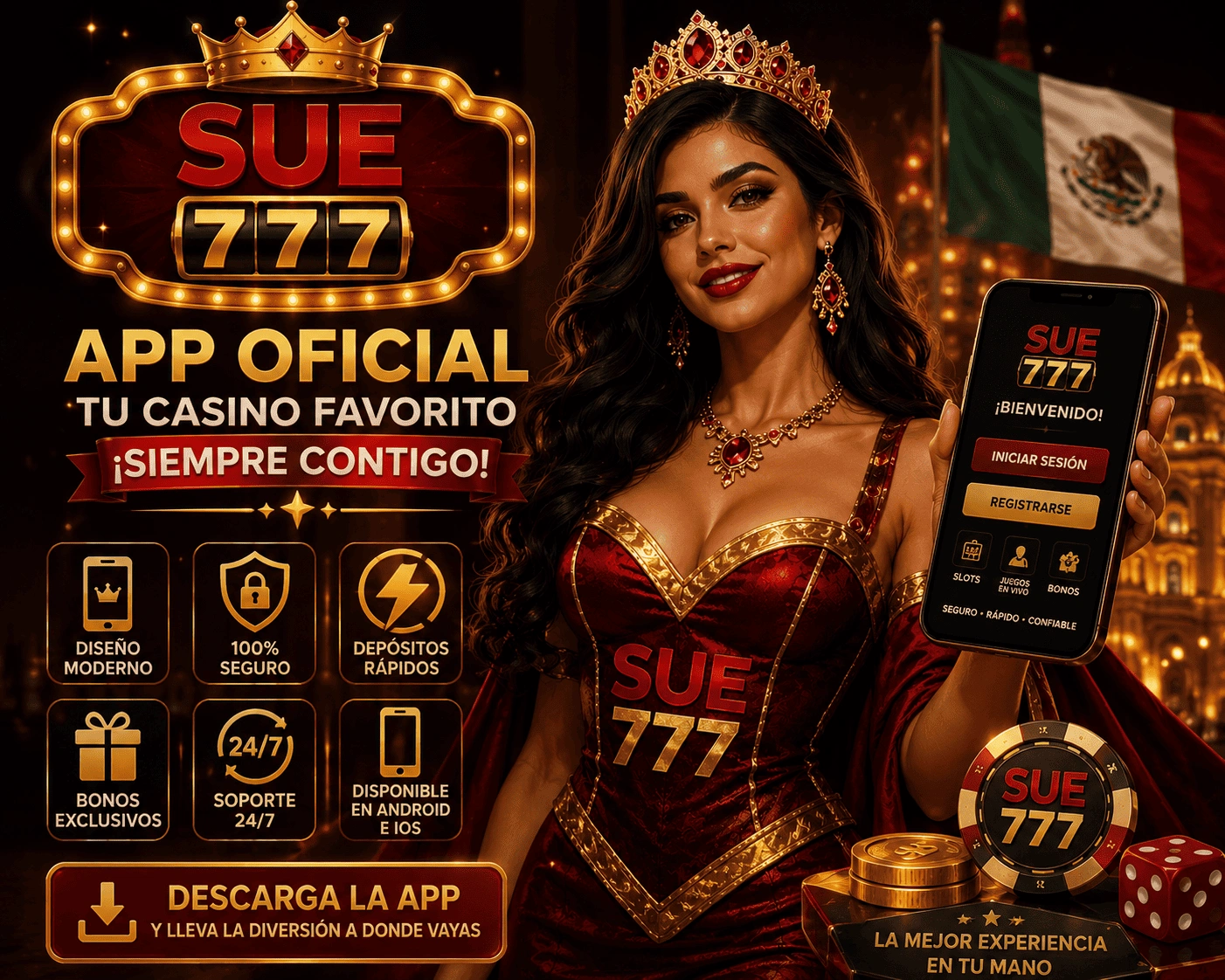 Visual de SUE777 App con smartphone, descarga APK, casino dorado y botones de acceso para México