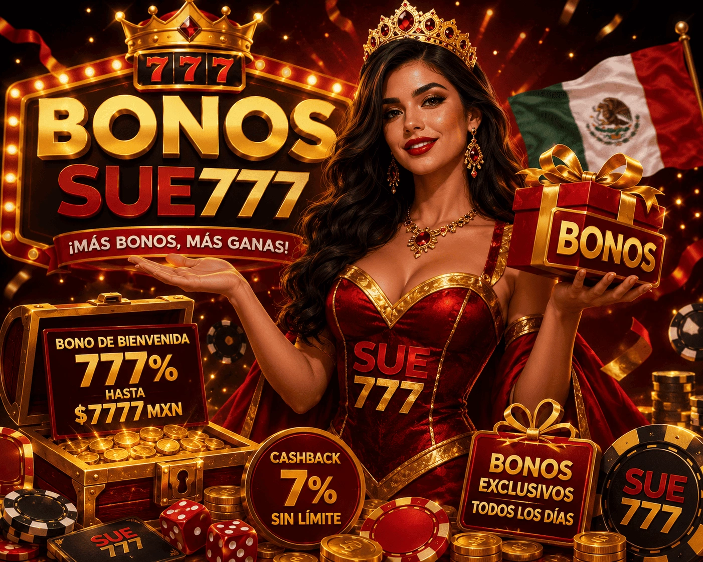 Hero de SUE777 Bonos con regalos dorados, fichas, reina de la suerte y promociones para México