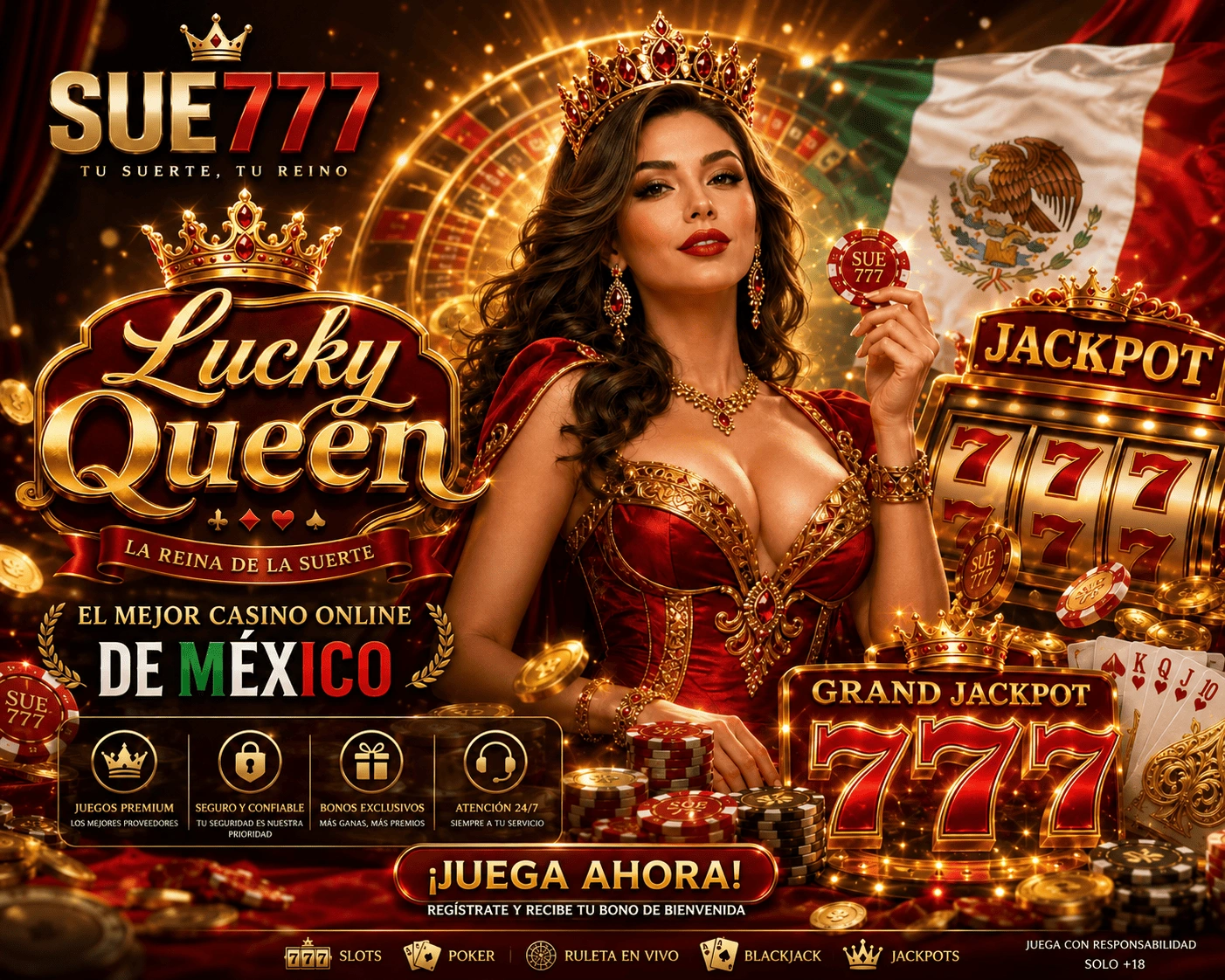 SUE777 Casino visual with roulette, blackjack, golden jackpot and premium Mexico atmosphere