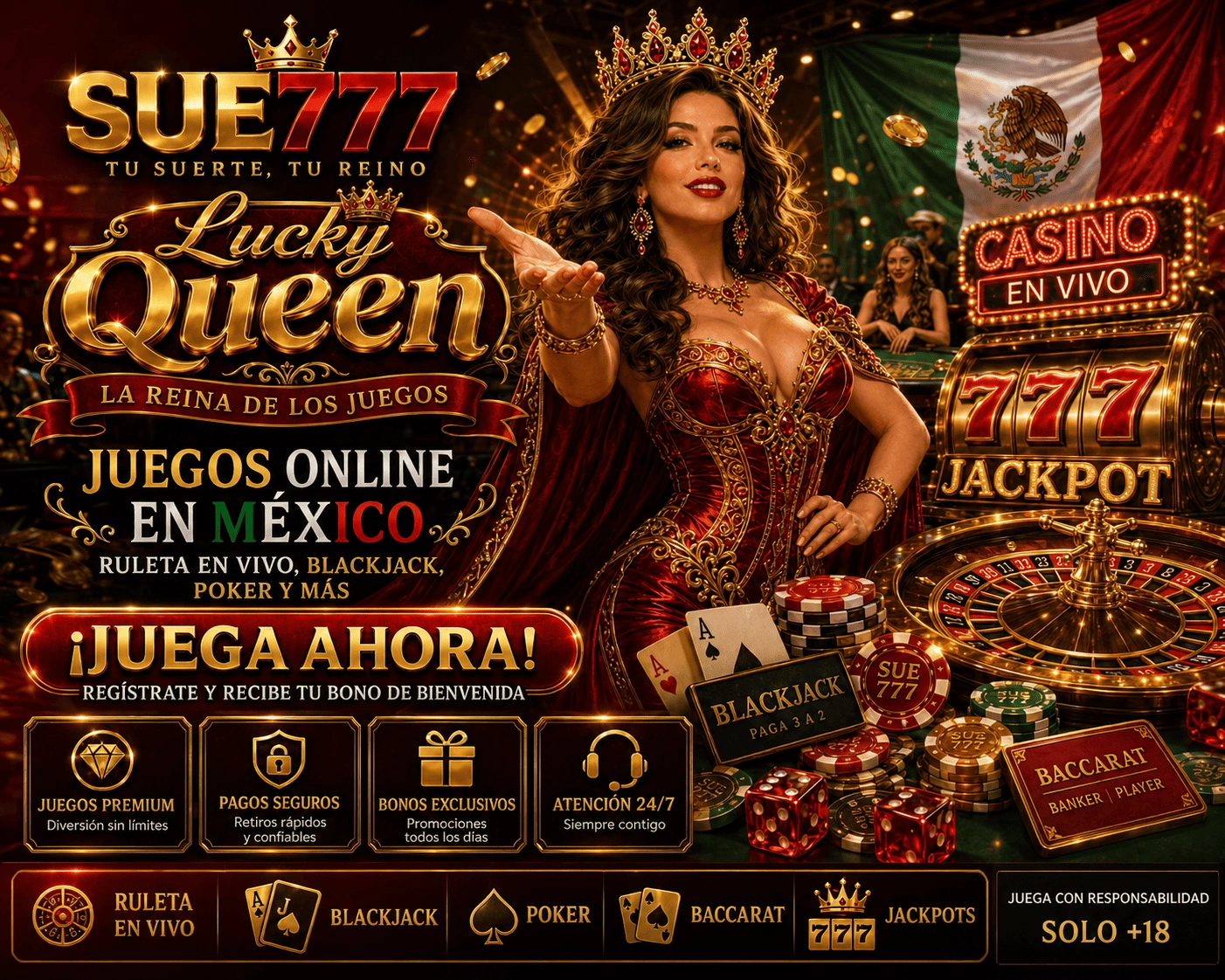 Visual de SUE777 Games con cartas, jackpot, fichas doradas y variedad online para México