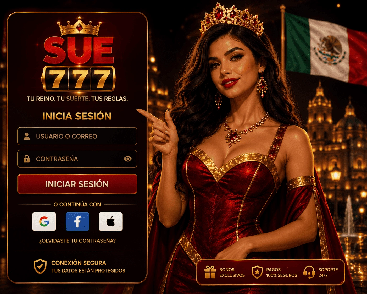 Hero de SUE777 Login con acceso móvil, cuenta segura, estilo dorado y casino online para México
