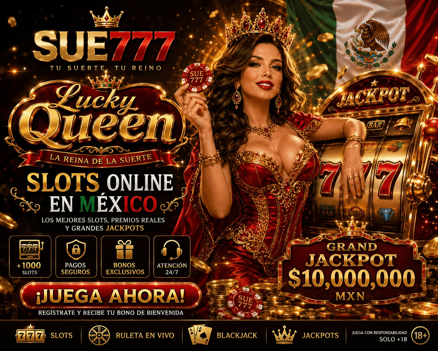 Hero de SUE777 Slots con reels dorados, fichas, bonus rounds y jackpot para México